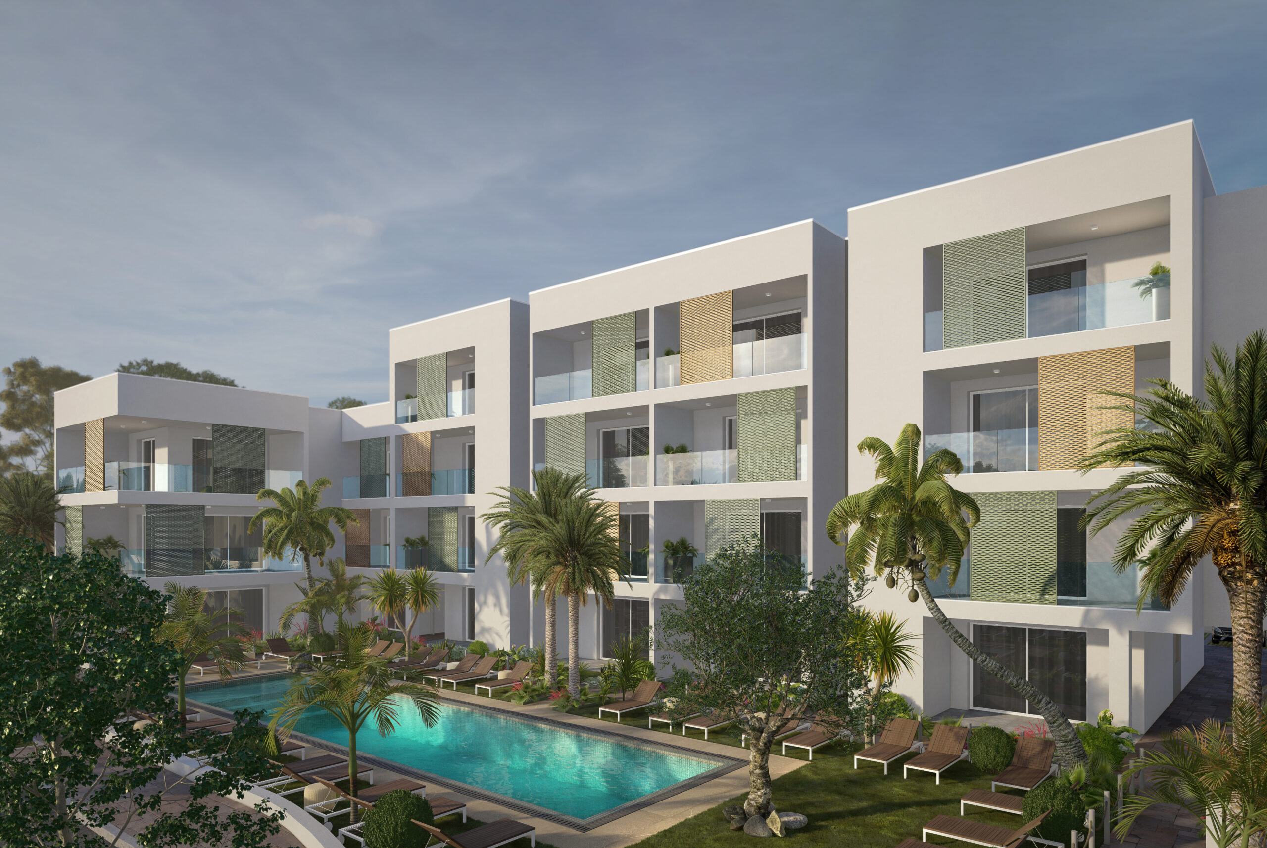 Complesso residenziale con piscina, appartamenti e alberi